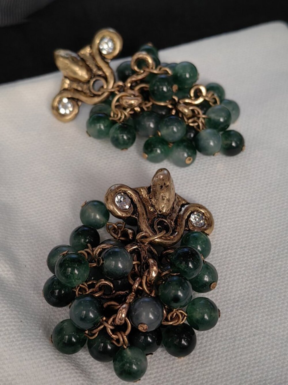 Vintage Gold-Tone Green Bead Cluster Drop Earrings